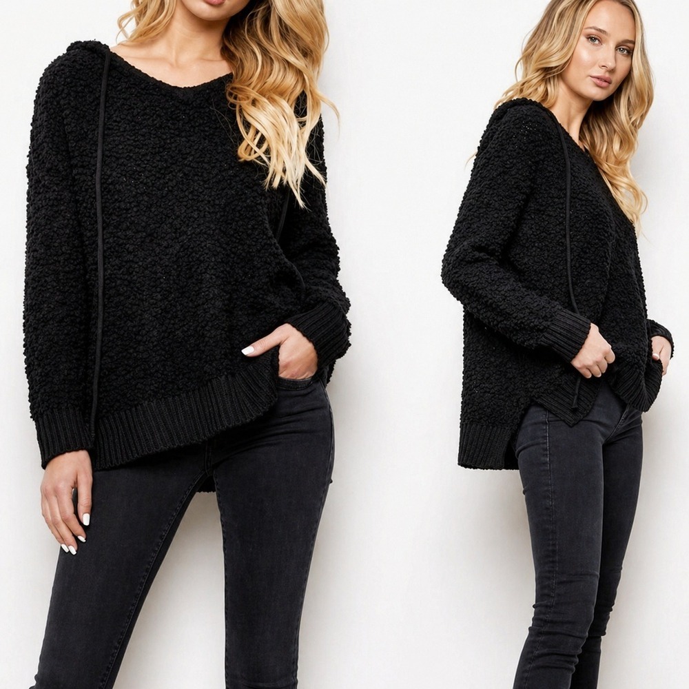 Young Fabulous & Broke Black Hooded Popcorn Textured Pullover Sweater SZ Large